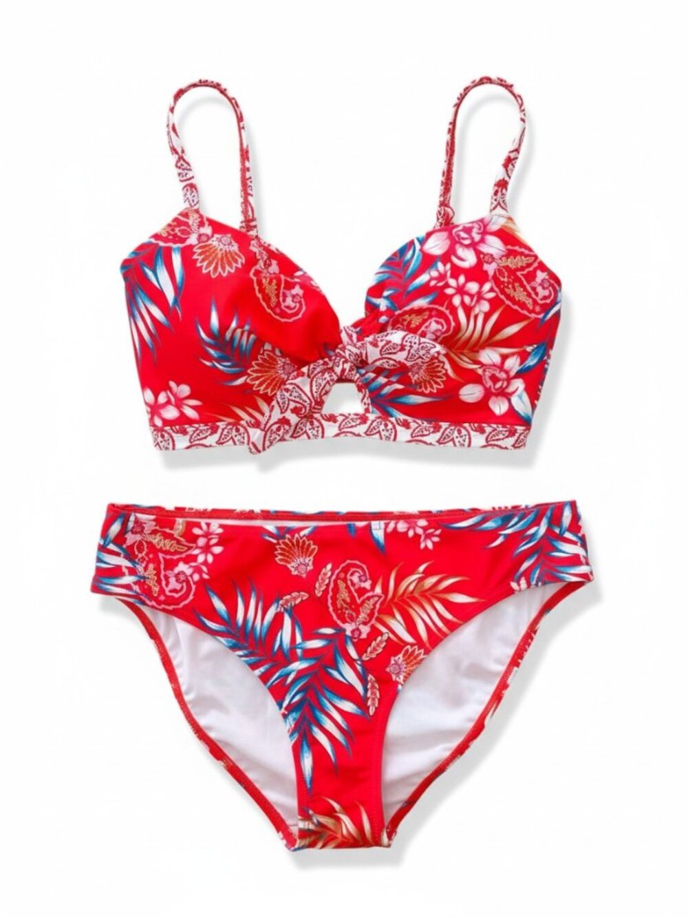 Pour Moi Women’s Tropical Floral Bikini Red Palm Leaf Beach Vacation Swimsuit LG